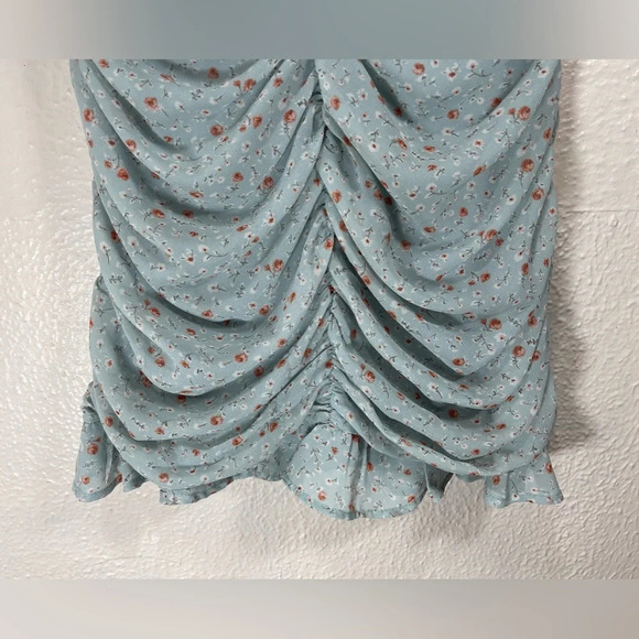 ASTR The Label Dress Short Sleeve Ruffle Neck Ruched Teal Multi Ditsy Women’s M - Picture 7 of 14